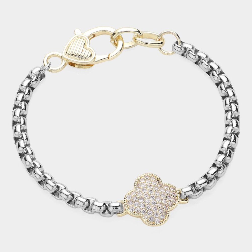 14K Gold Plated Two Tone CZ Stone Pave Quatrefoil Bracelet